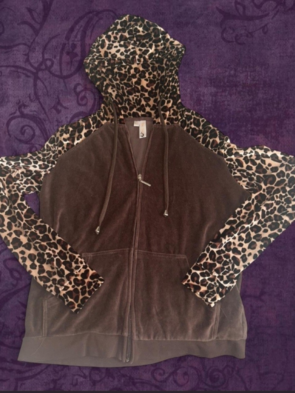 Brown Velvet Zip-Up Hoodie with Leopard-Print Hood & Sleeves